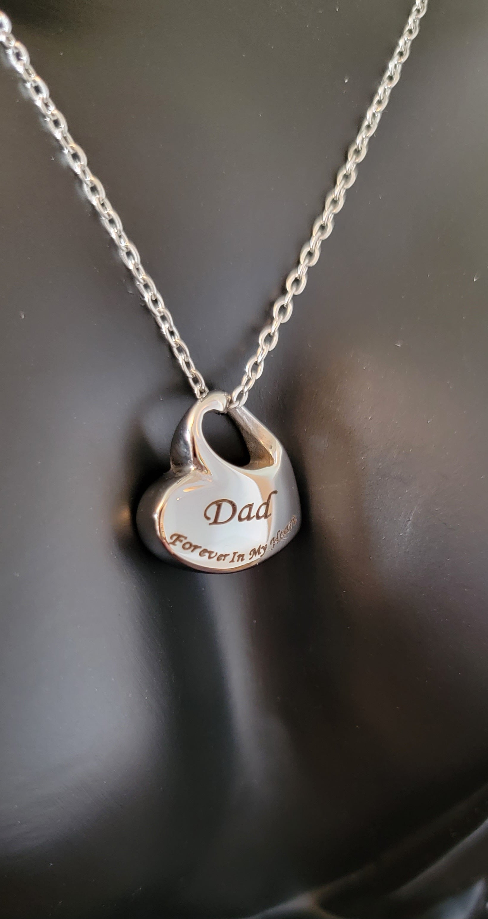 Heart Cremation Urn Necklace Engraved with 'Dad, Always On My Mind, Forever in My Heart' - Stainless Steel Memorial Pendant with Fish Charm for