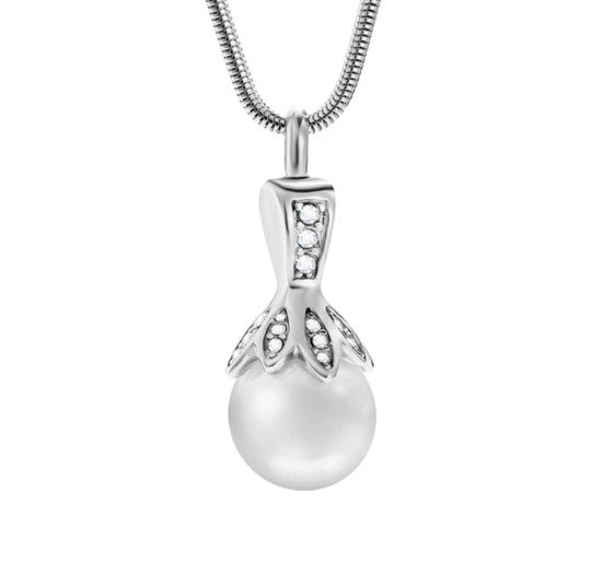 Pearl and Cubic Zirconia Cremation Urn Necklace for ashes