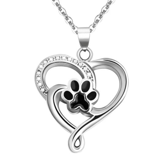 Heart Paw Print Cremation Urn Necklace for ashes with Cubic Zirconias