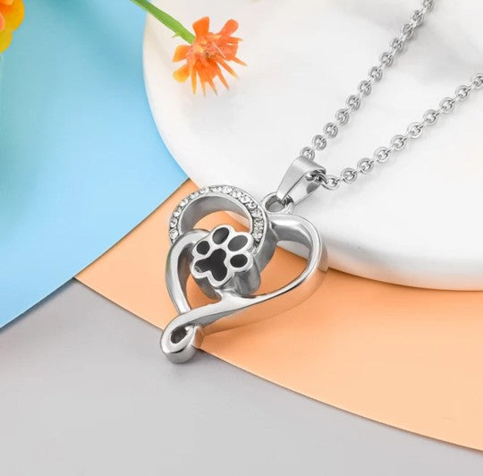 Heart Paw Print Cremation Urn Necklace for ashes with Cubic Zirconias