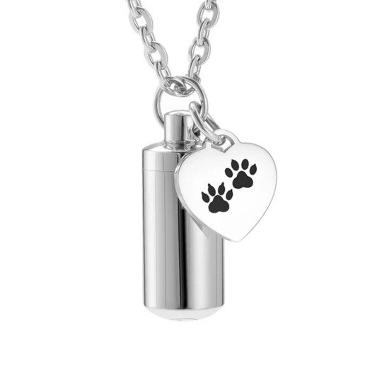 Small Cylinder Style Cremation Urn Necklace for ashes with Paw Print Charm & Keychain