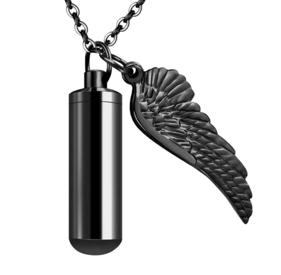 Medium size Cylinder Style Cremation Urn Necklace for ashes with Angel Wing Charm & Keychain