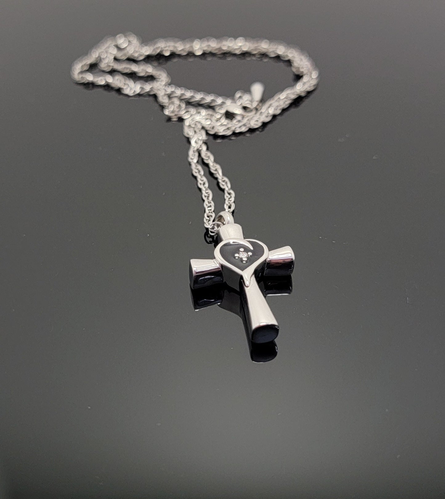 Cremation Urn Cross for ashes with Heart and Cubic Zirconia Inlay