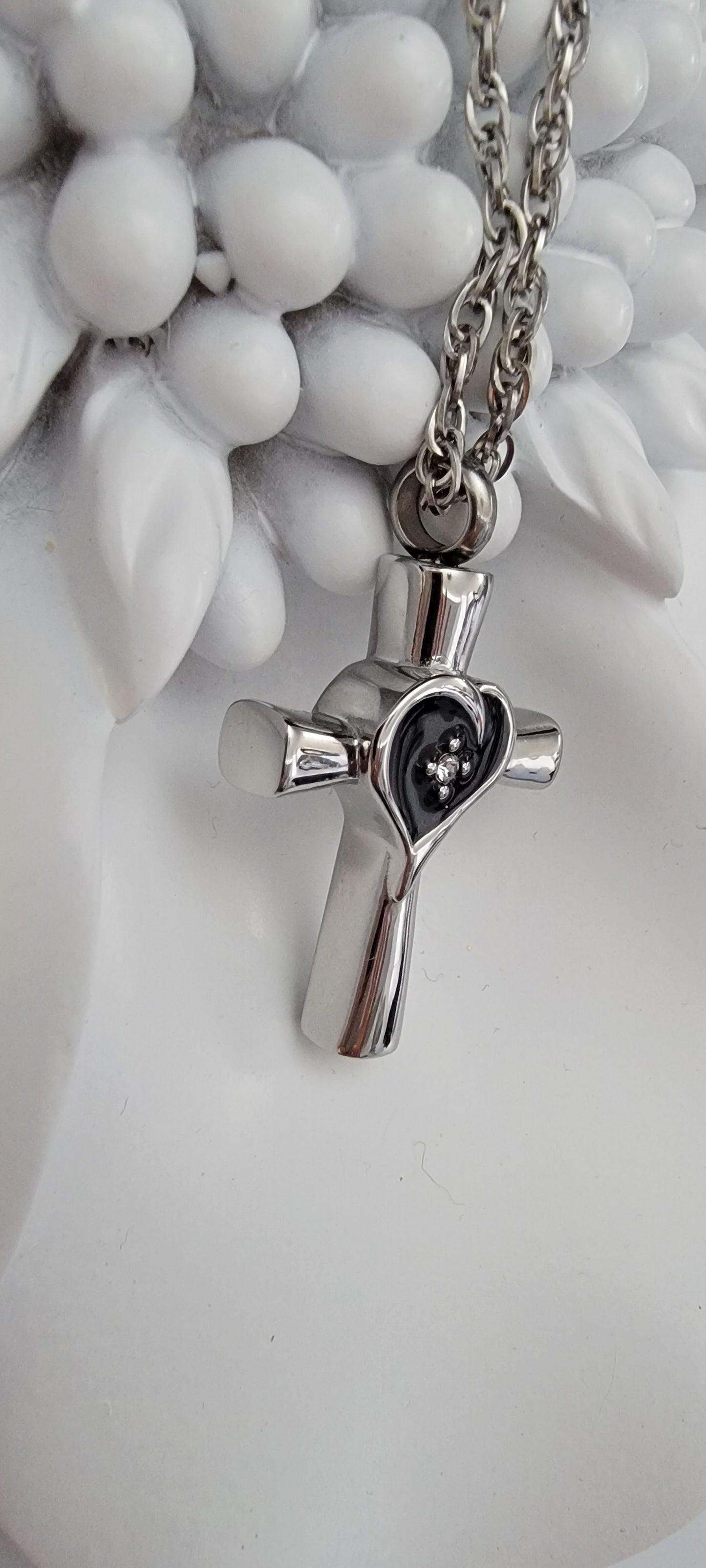 Cremation Urn Cross for ashes with Heart and Cubic Zirconia Inlay