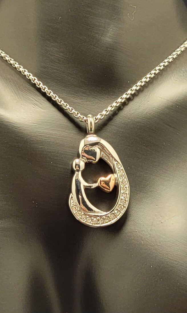 Mother and Child Cremation Urn Necklace for ashes with Cubic Zirconias