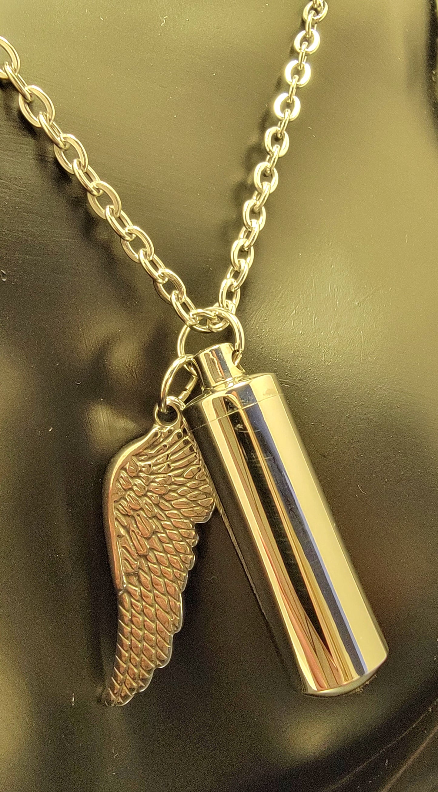 Medium size Cylinder Style Cremation Urn Necklace for ashes with Angel Wing Charm & Keychain