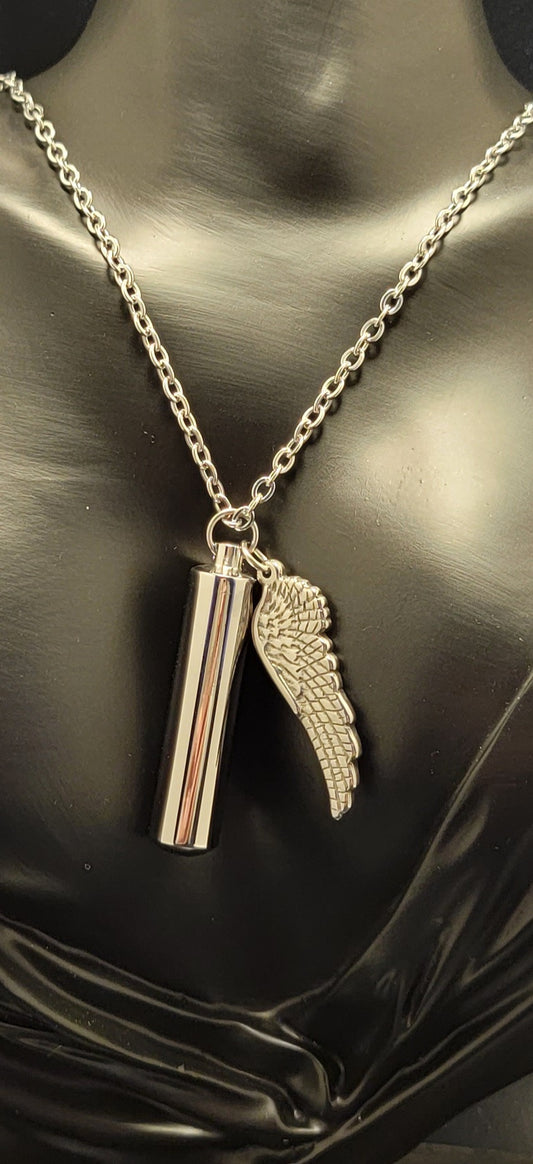 Large Cylinder Style Cremation Urn Necklace for ashes with Angel Wing charm & Keychain