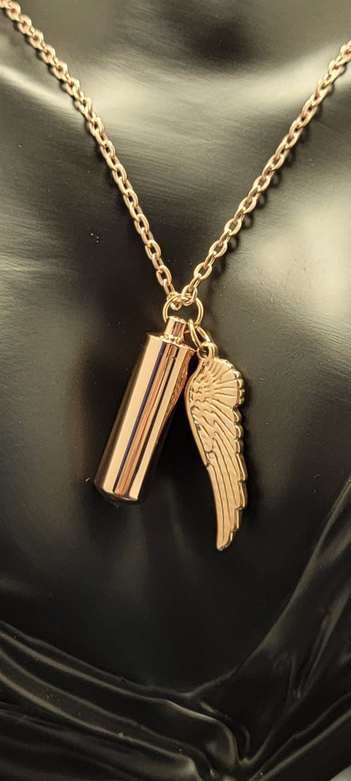 Medium size Cylinder Style Cremation Urn Necklace for ashes with Angel Wing Charm & Keychain