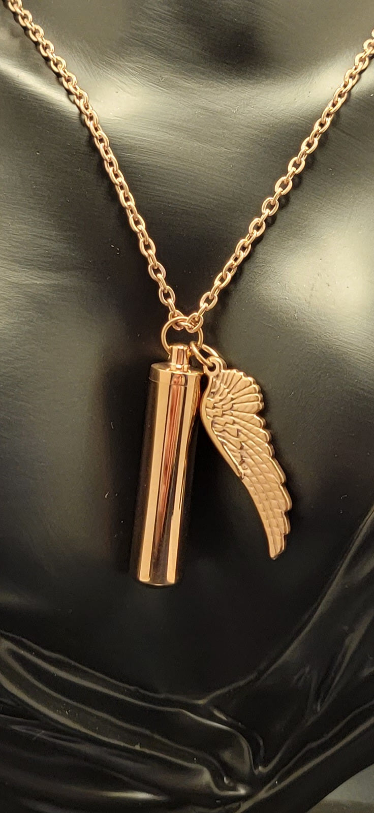 Large Cylinder Style Cremation Urn Necklace for ashes with Angel Wing charm & Keychain