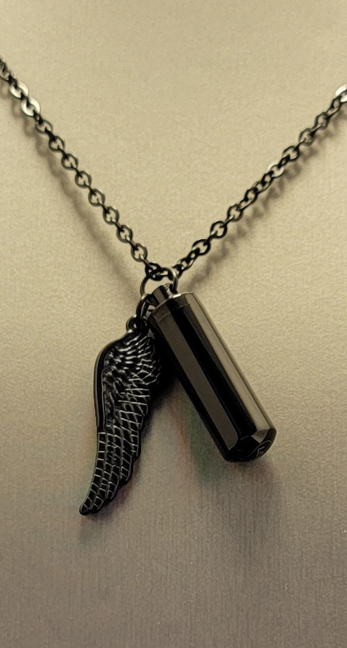 Medium size Cylinder Style Cremation Urn Necklace for ashes with Angel Wing Charm & Keychain