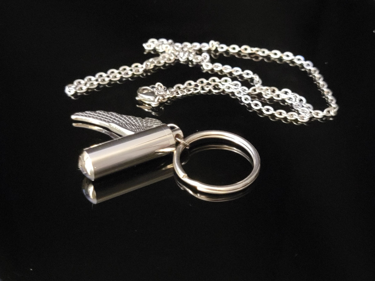 Medium size Cylinder Style Cremation Urn Necklace for ashes with Angel Wing Charm & Keychain