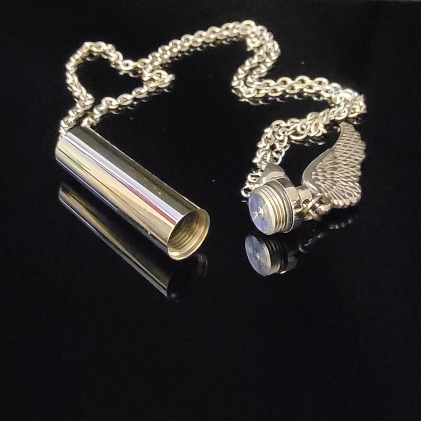 Large Cylinder Style Cremation Urn Necklace for ashes with Angel Wing charm & Keychain