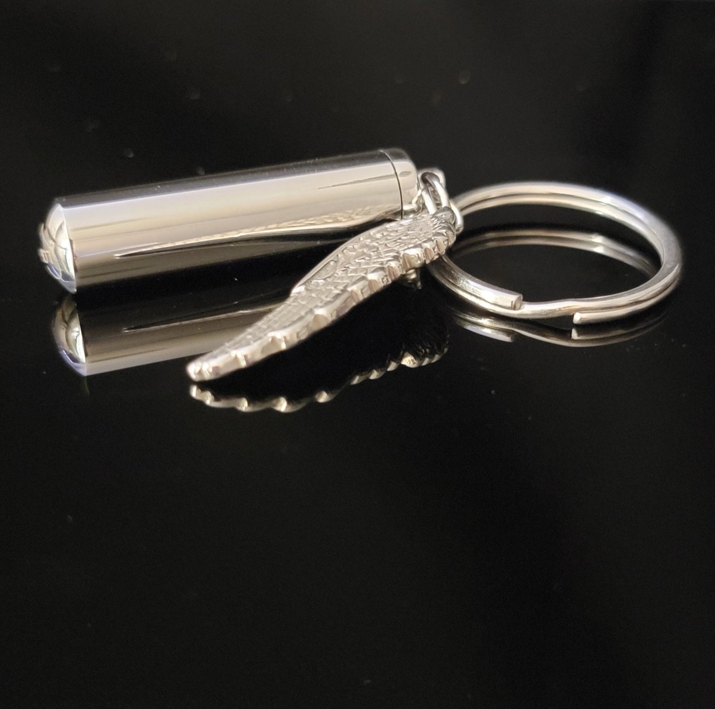 Large Cylinder Style Cremation Urn Necklace for ashes with Angel Wing charm & Keychain