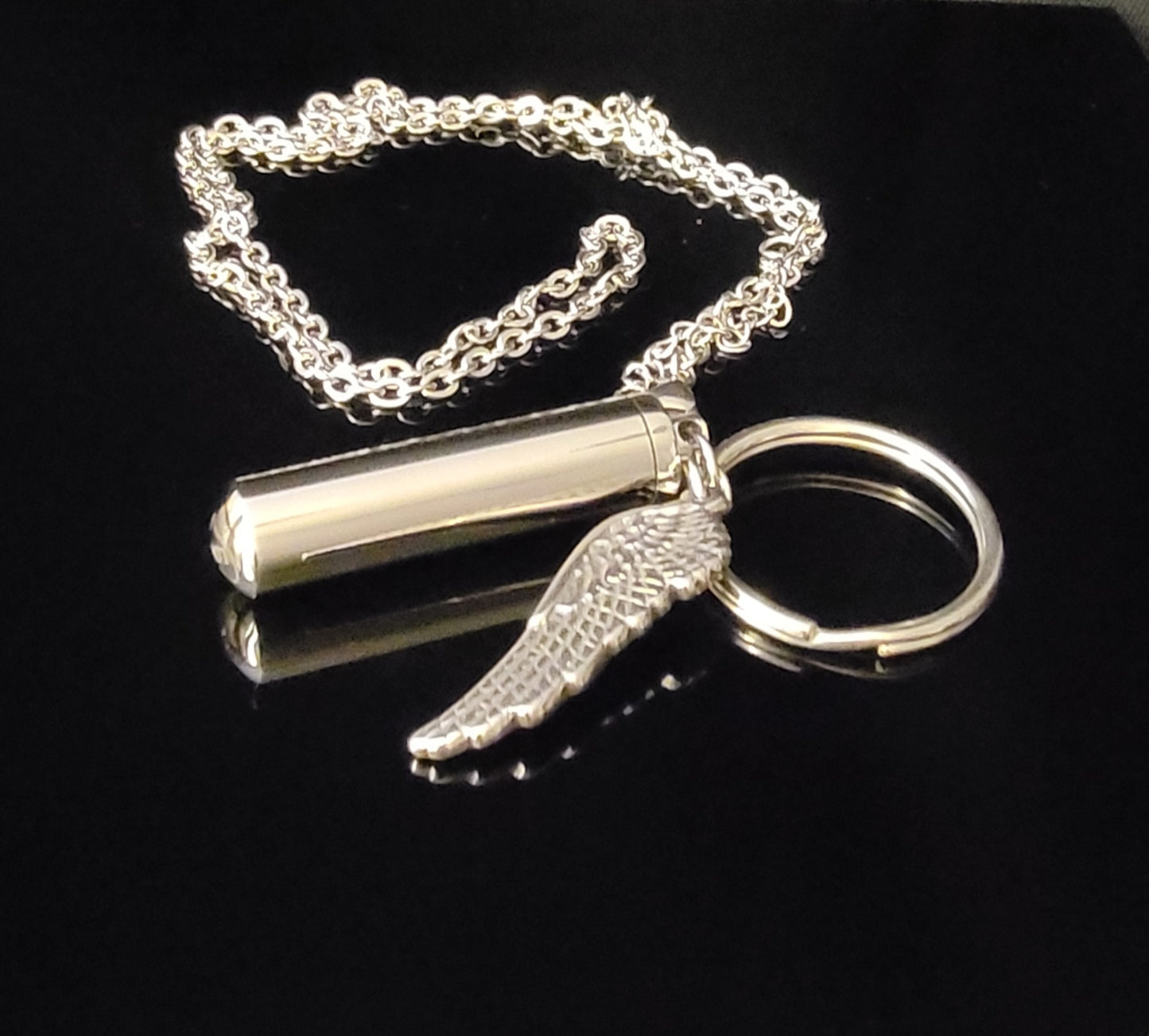 Large Cylinder Style Cremation Urn Necklace for ashes with Angel Wing charm & Keychain