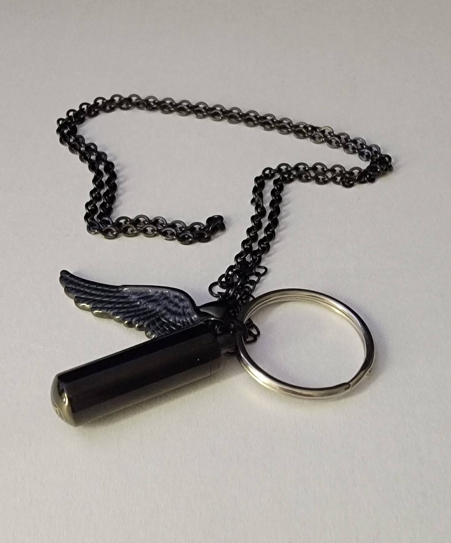 Medium size Cylinder Style Cremation Urn Necklace for ashes with Angel Wing Charm & Keychain