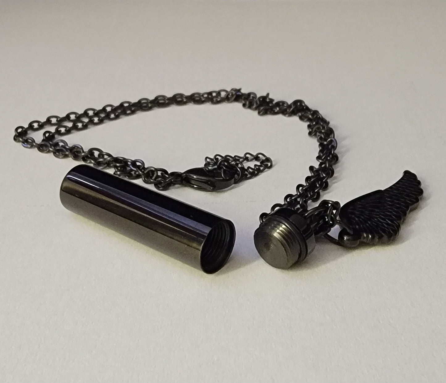 Large Cylinder Style Cremation Urn Necklace for ashes with Angel Wing charm & Keychain