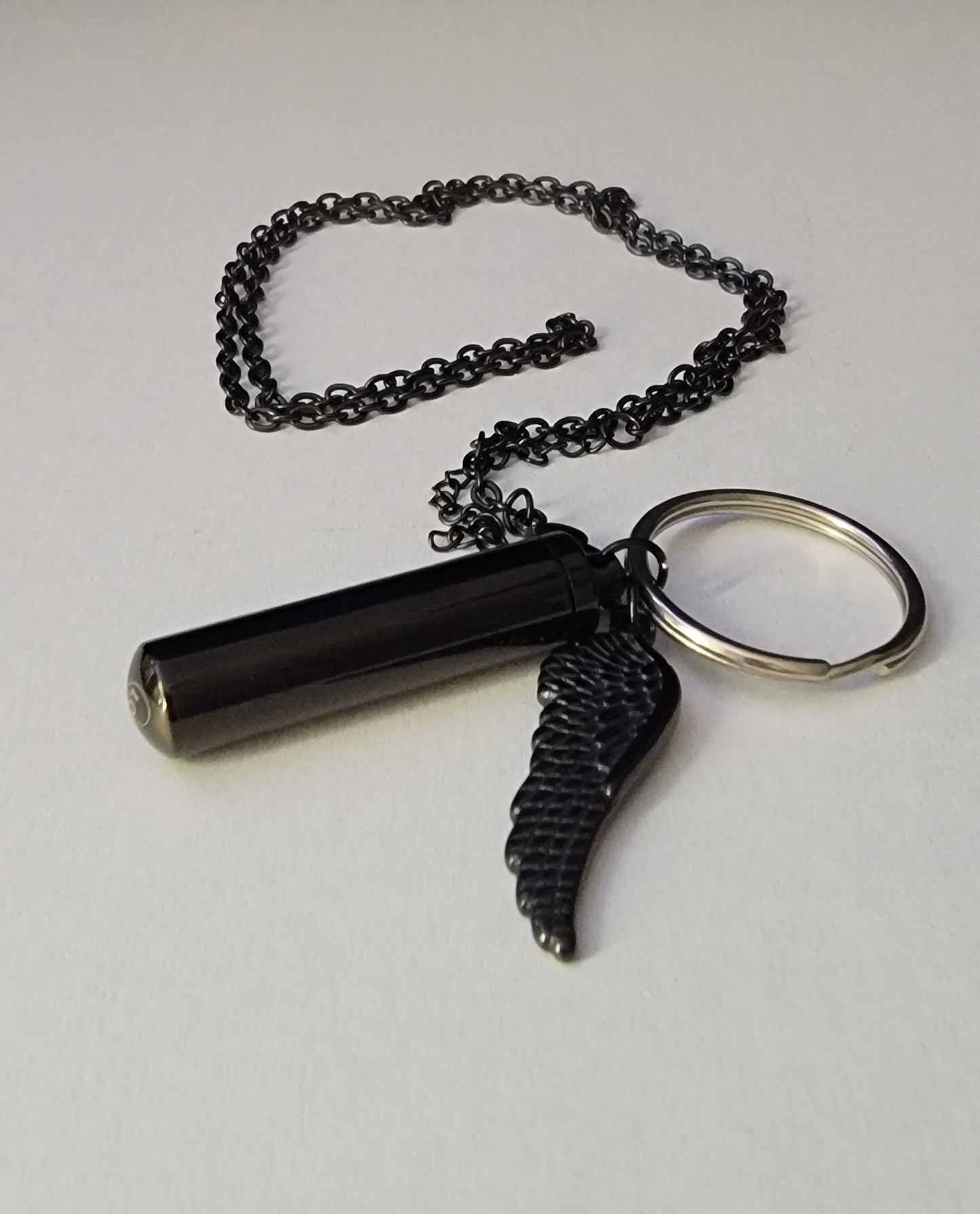 Large Cylinder Style Cremation Urn Necklace for ashes with Angel Wing charm & Keychain