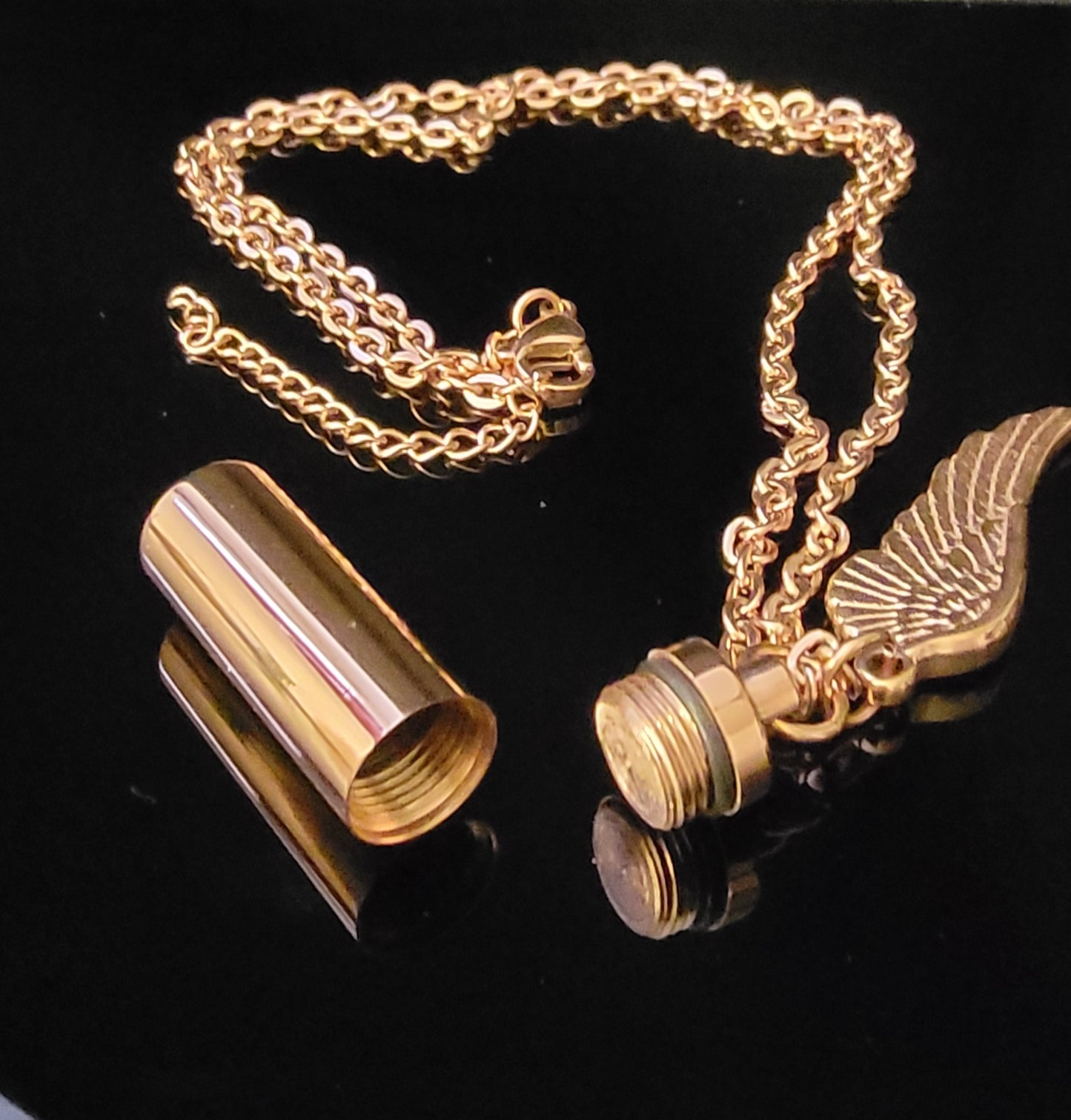 Medium size Cylinder Style Cremation Urn Necklace for ashes with Angel Wing Charm & Keychain