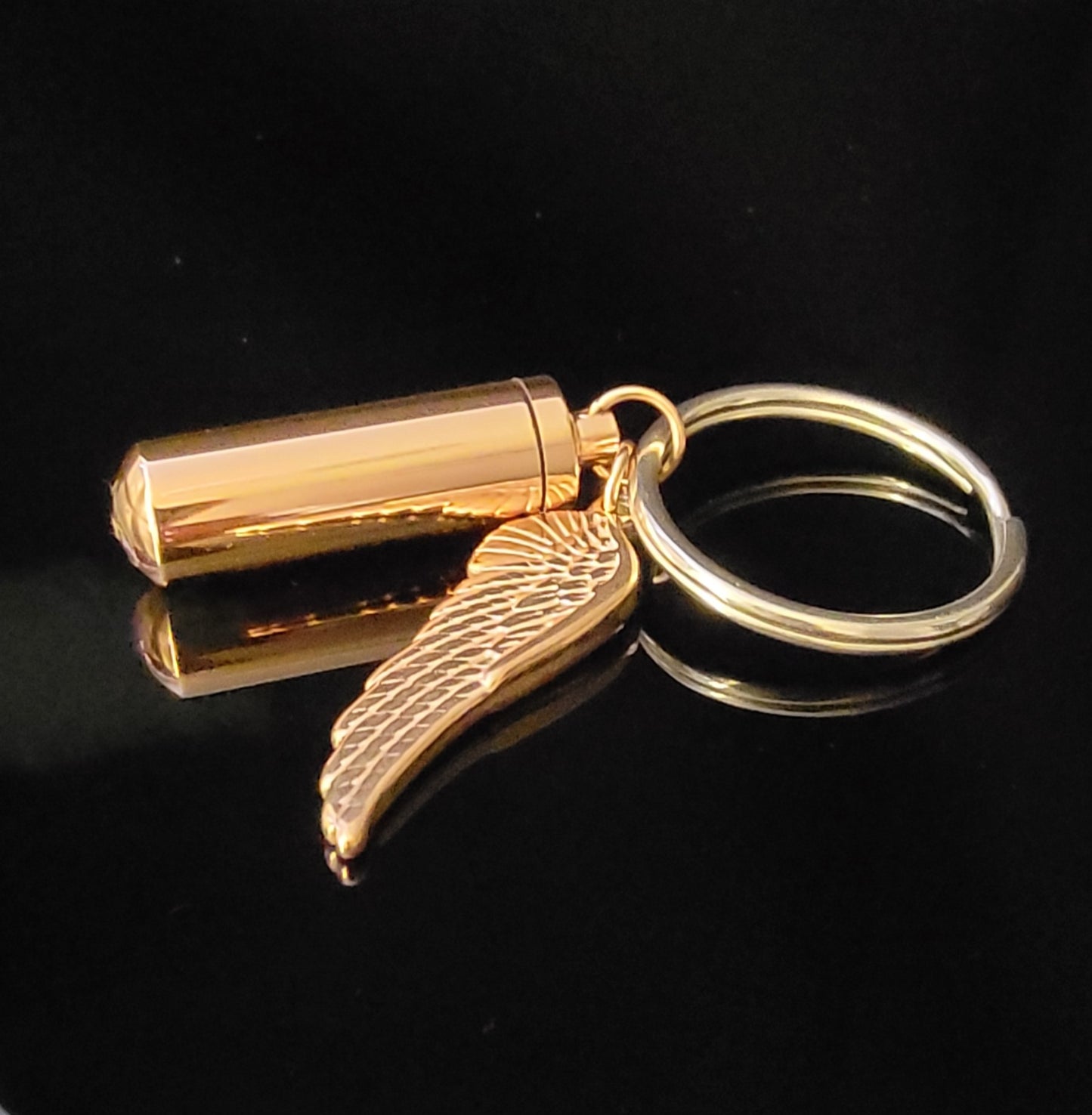 Medium size Cylinder Style Cremation Urn Necklace for ashes with Angel Wing Charm & Keychain