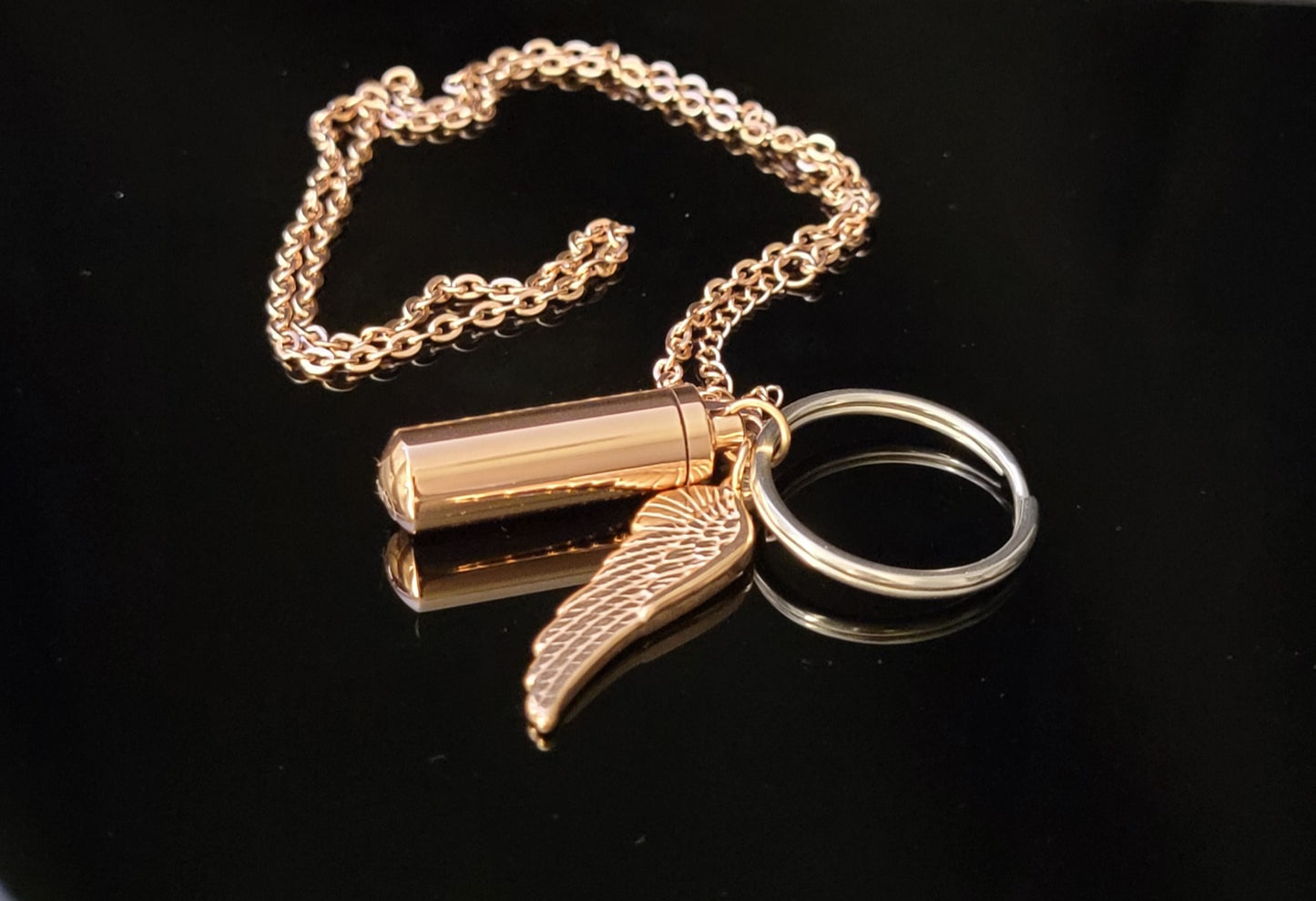 Medium size Cylinder Style Cremation Urn Necklace for ashes with Angel Wing Charm & Keychain