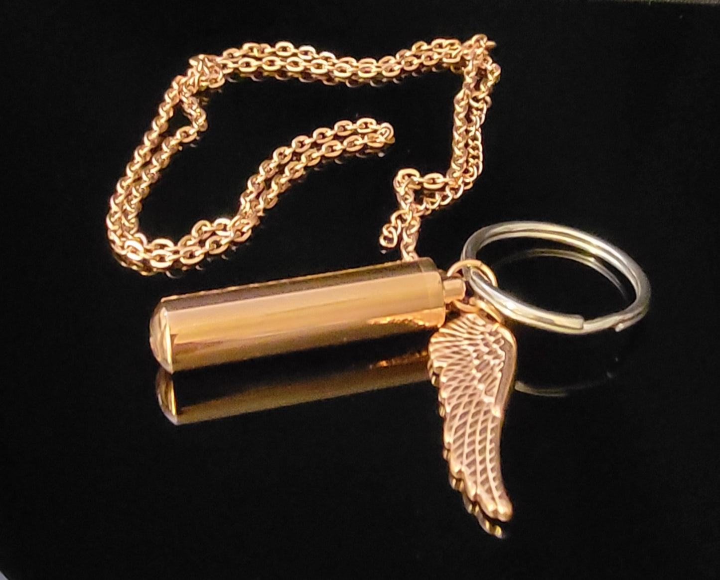 Large Cylinder Style Cremation Urn Necklace for ashes with Angel Wing charm & Keychain