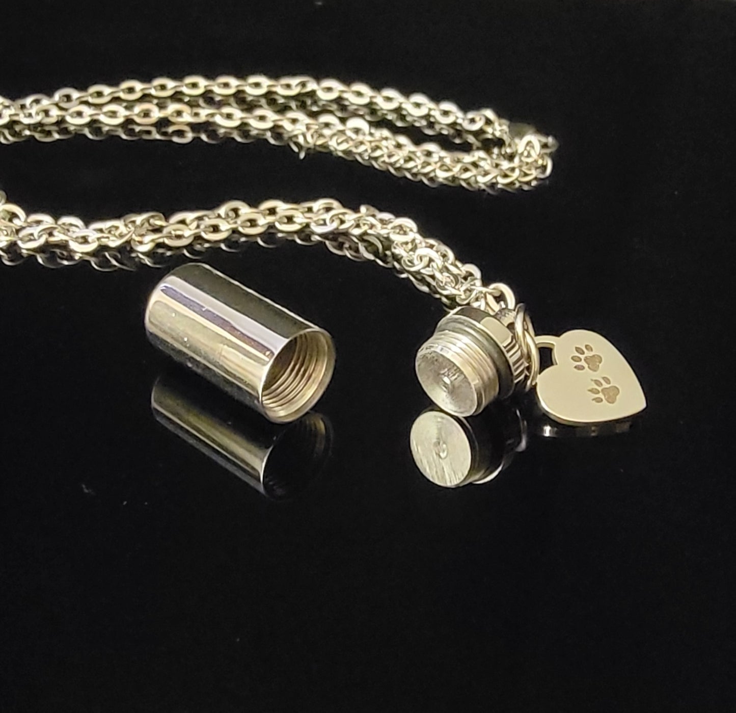 Small Cylinder Style Cremation Urn Necklace for ashes with Paw Print Charm & Keychain