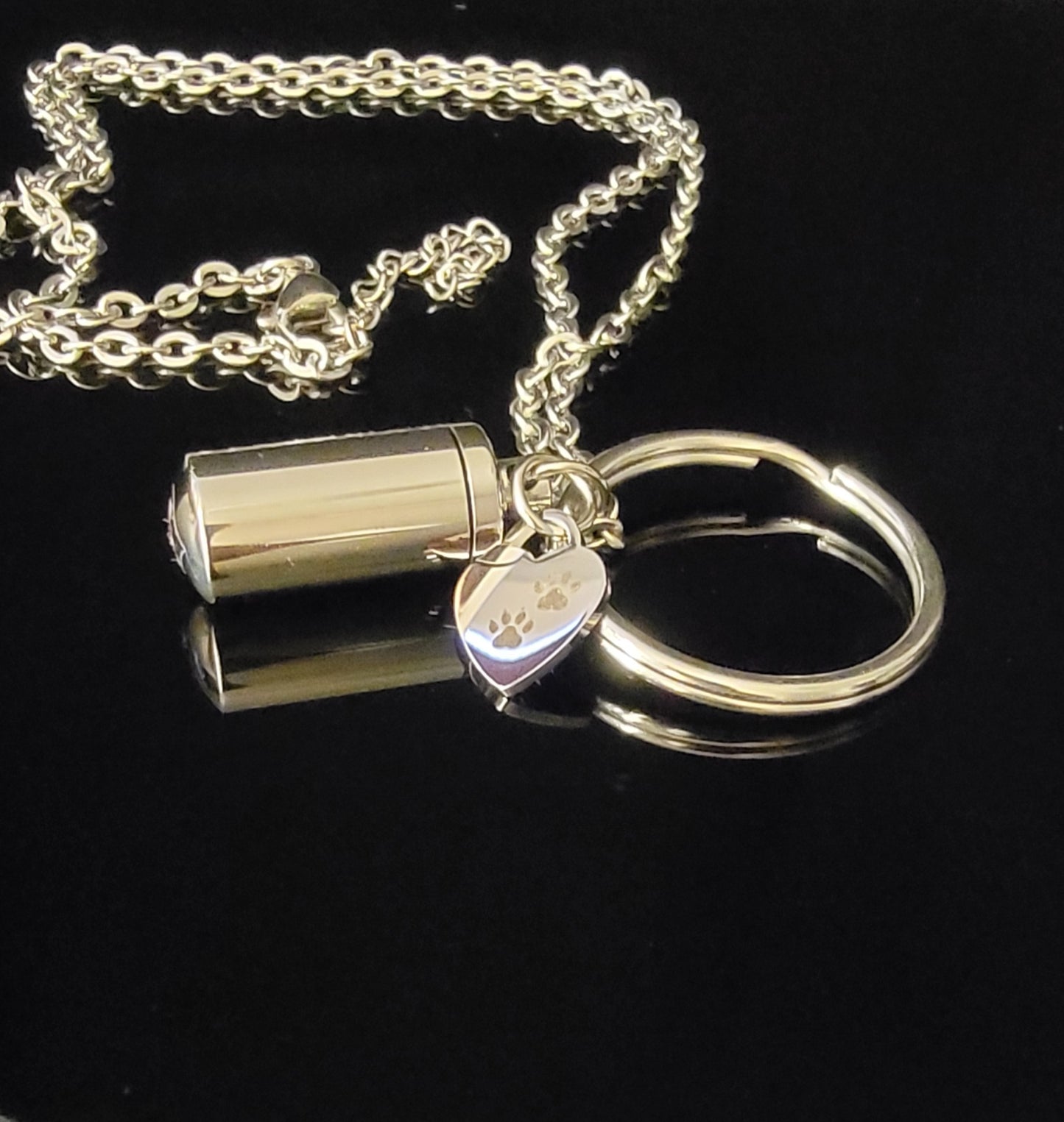 Small Cylinder Style Cremation Urn Necklace for ashes with Paw Print Charm & Keychain