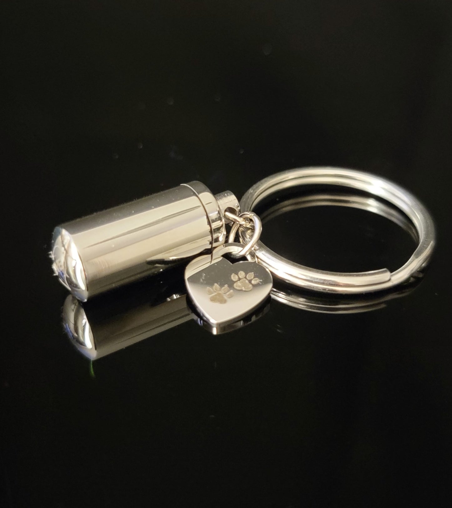 Small Cylinder Style Cremation Urn Necklace for ashes with Paw Print Charm & Keychain