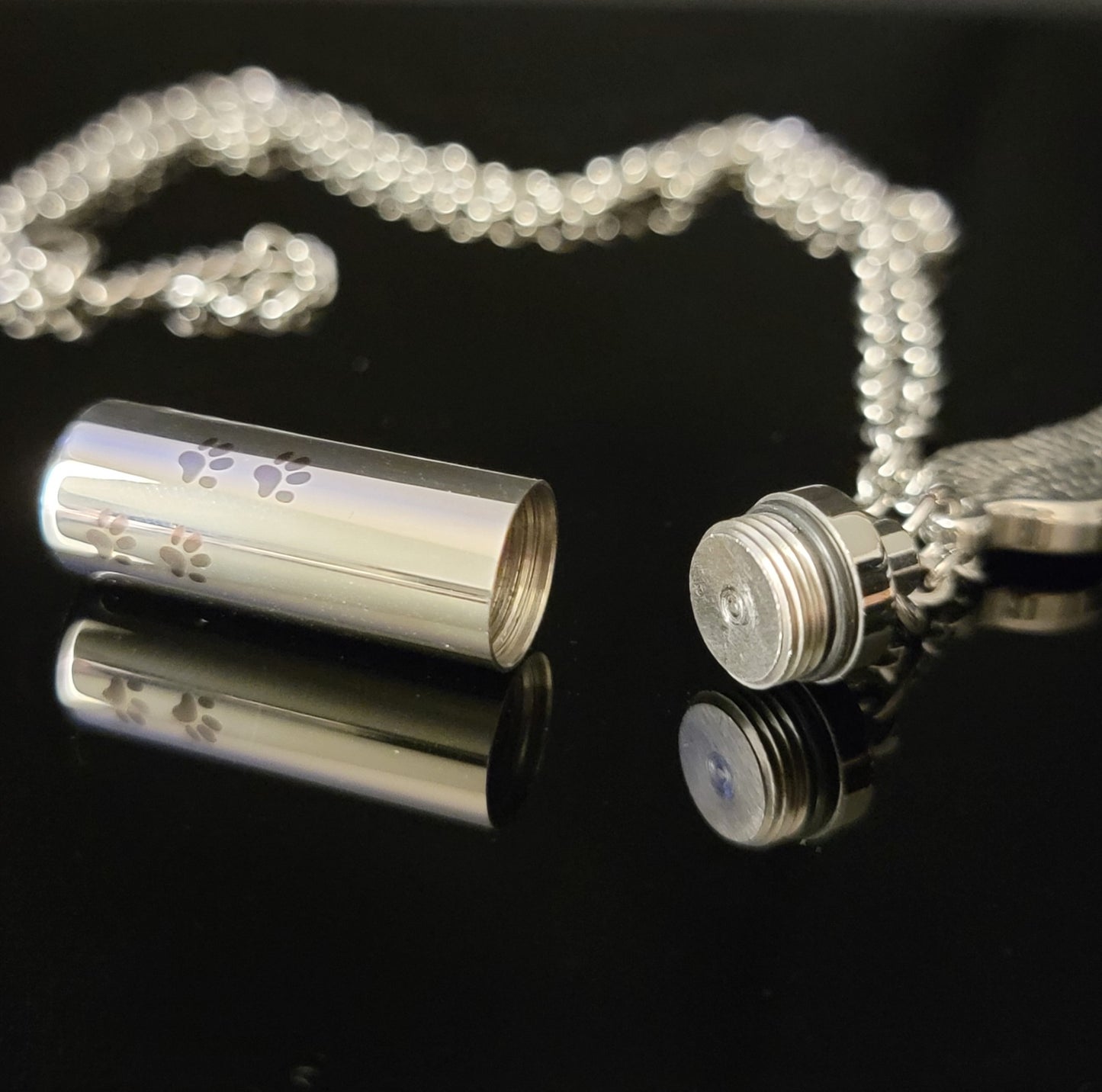 Medium size Cylinder style Cremation Urn Necklace for ashes with Angel Wing charm with Paw Prints