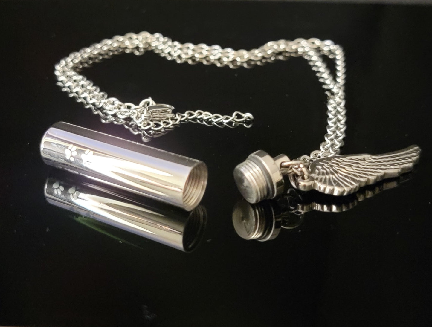 Large size Cylinder Style Cremation Urn Necklace for ashes with Paw Prints and Angel Wing charm