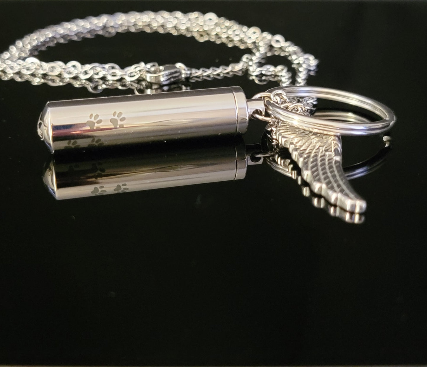 Large size Cylinder Style Cremation Urn Necklace for ashes with Paw Prints and Angel Wing charm