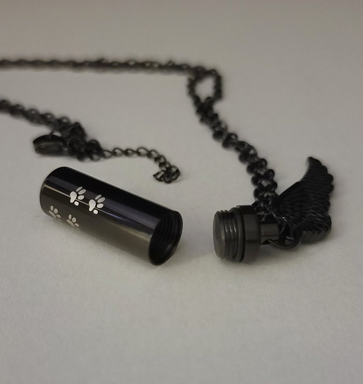 Medium size Cylinder style Cremation Urn Necklace for ashes with Angel Wing charm with Paw Prints