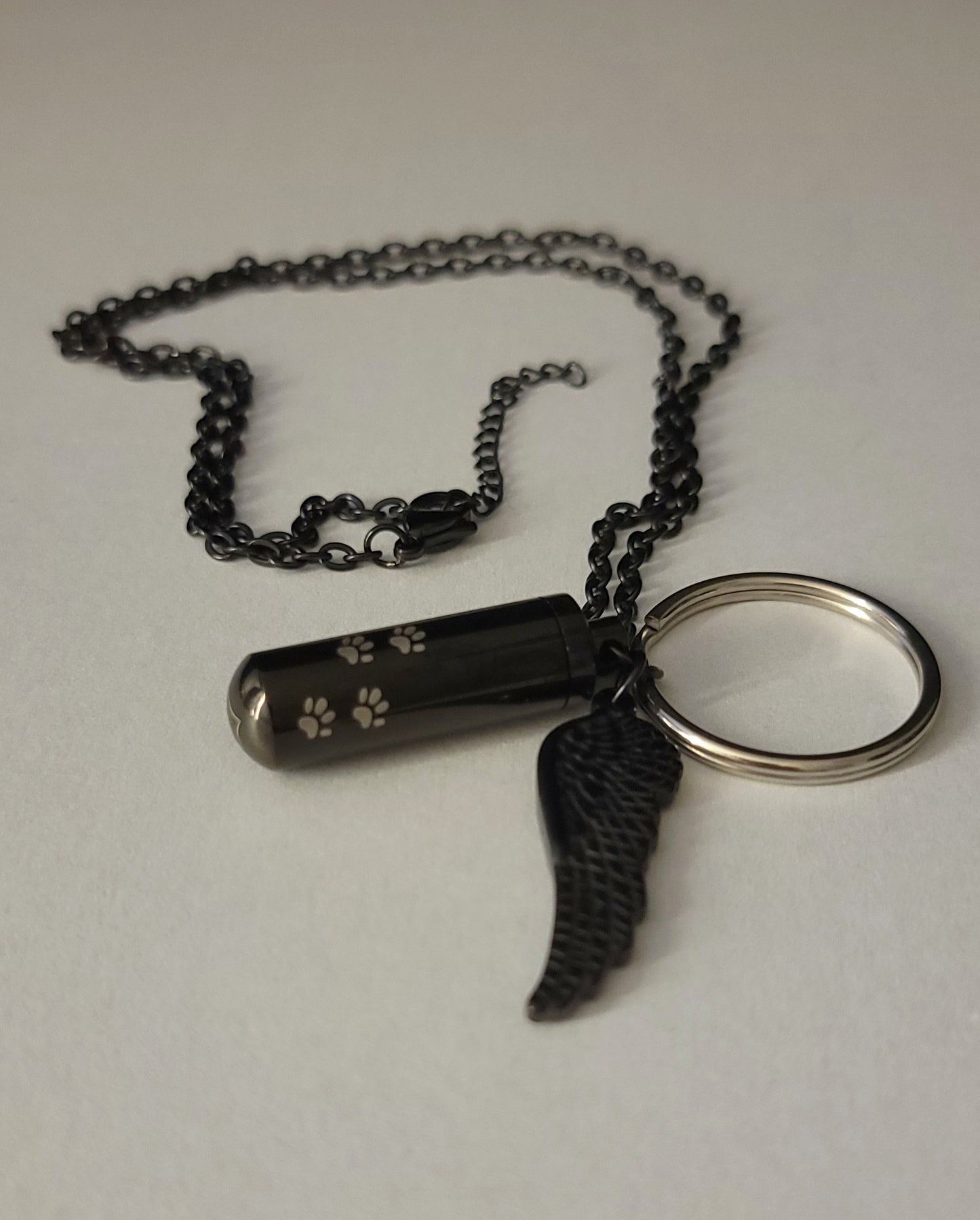 Medium size Cylinder style Cremation Urn Necklace for ashes with Angel Wing charm with Paw Prints