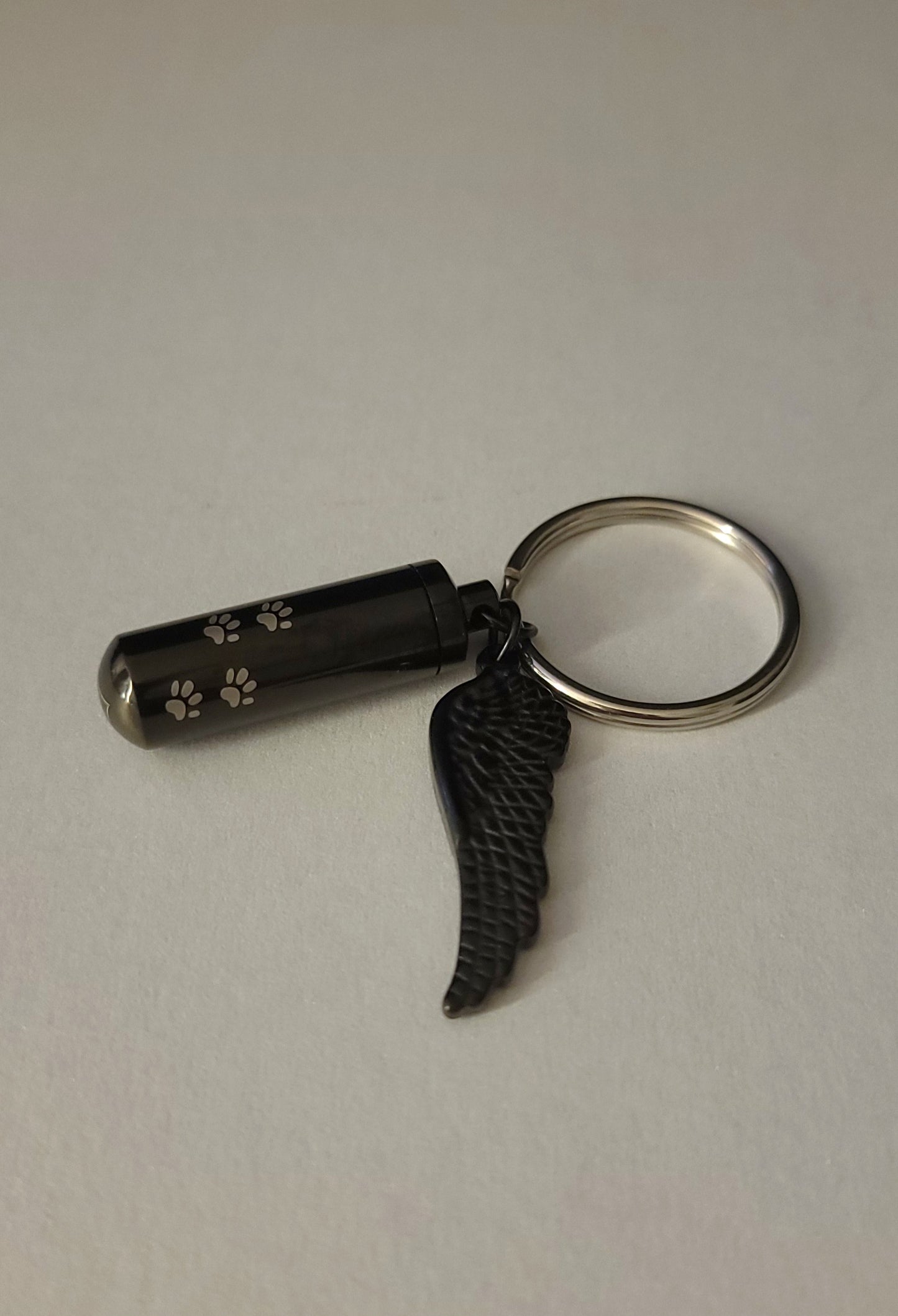 Medium size Cylinder style Cremation Urn Necklace for ashes with Angel Wing charm with Paw Prints