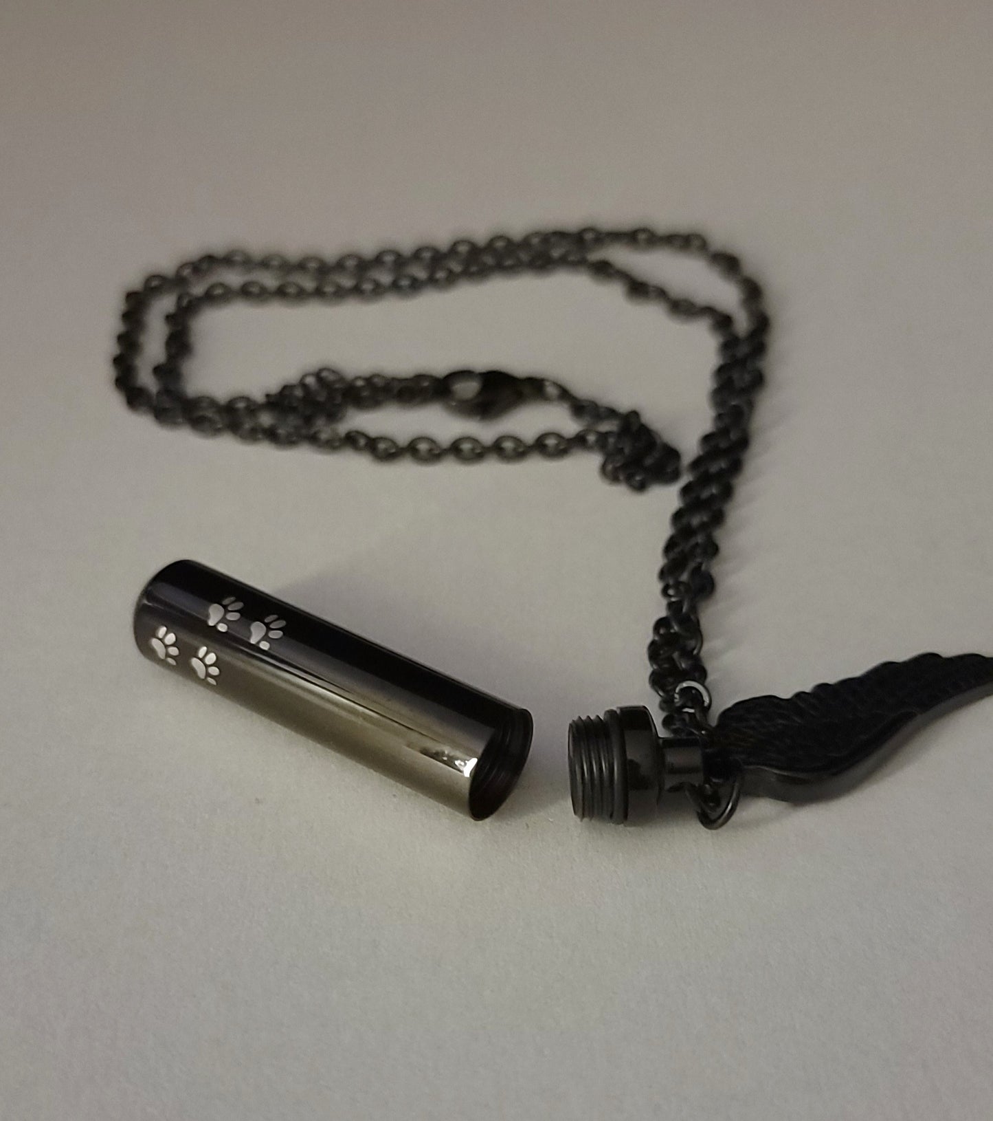 Large size Cylinder Style Cremation Urn Necklace for ashes with Paw Prints and Angel Wing charm