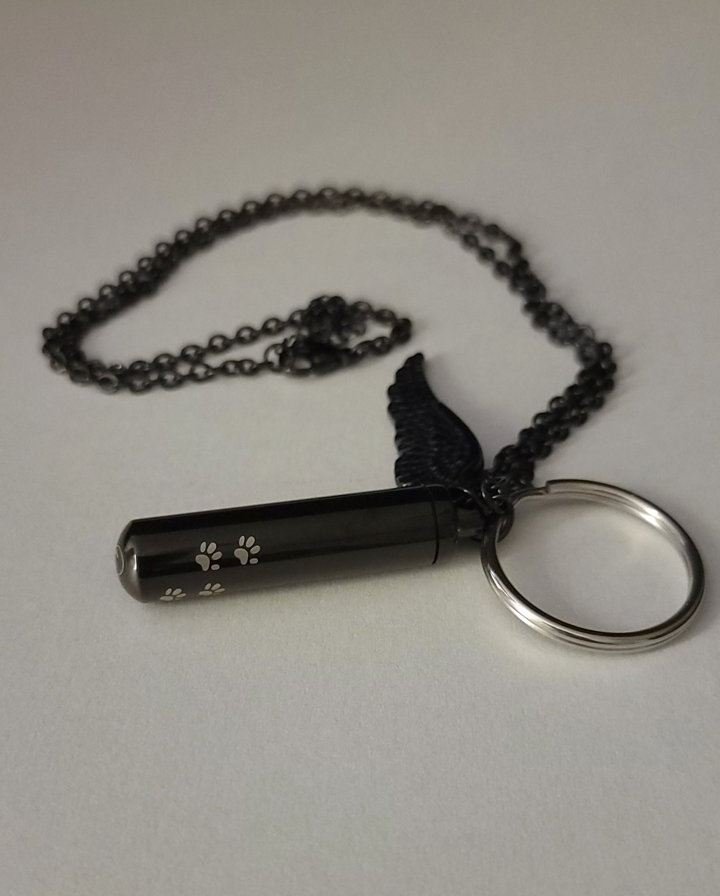 Large size Cylinder Style Cremation Urn Necklace for ashes with Paw Prints and Angel Wing charm