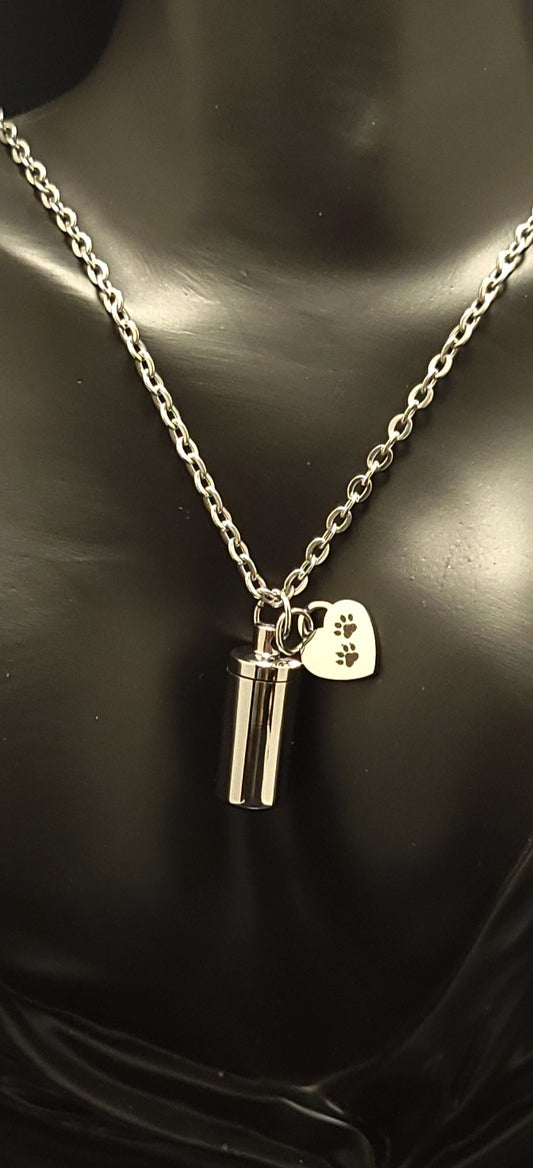 Small Cylinder Style Cremation Urn Necklace for ashes with Paw Print Charm & Keychain