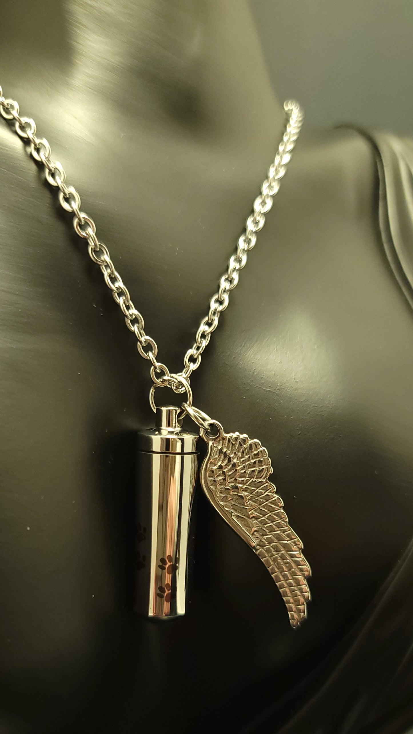 Medium size Cylinder style Cremation Urn Necklace for ashes with Angel Wing charm with Paw Prints