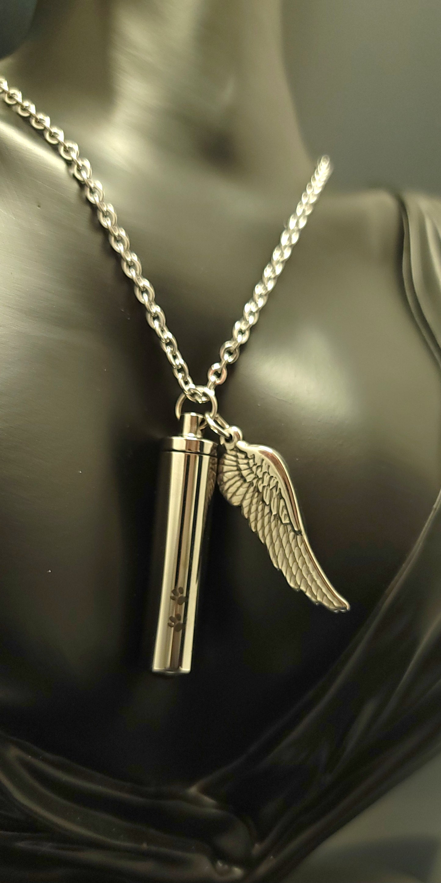 Large size Cylinder Style Cremation Urn Necklace for ashes with Paw Prints and Angel Wing charm