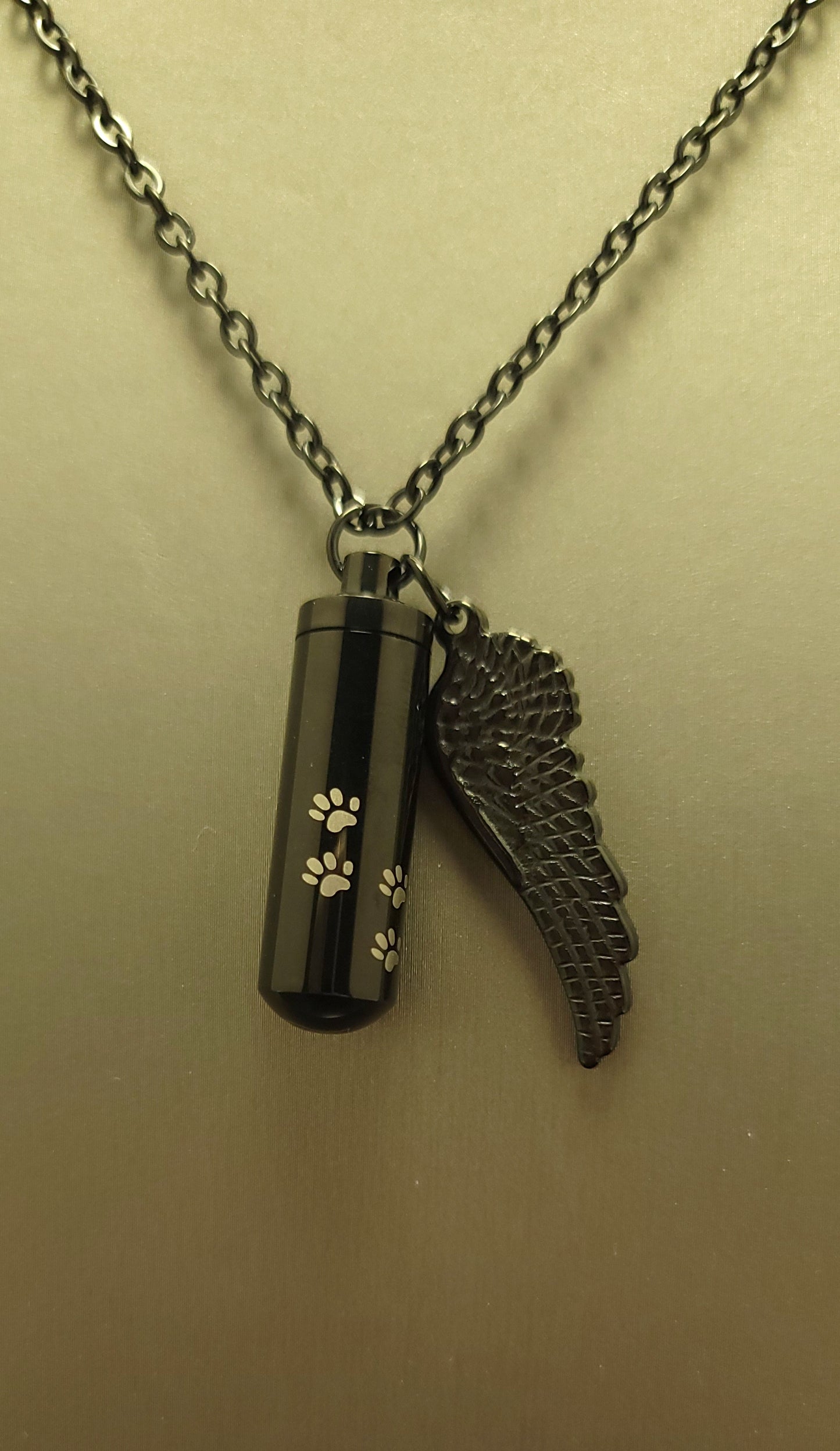 Medium size Cylinder style Cremation Urn Necklace for ashes with Angel Wing charm with Paw Prints