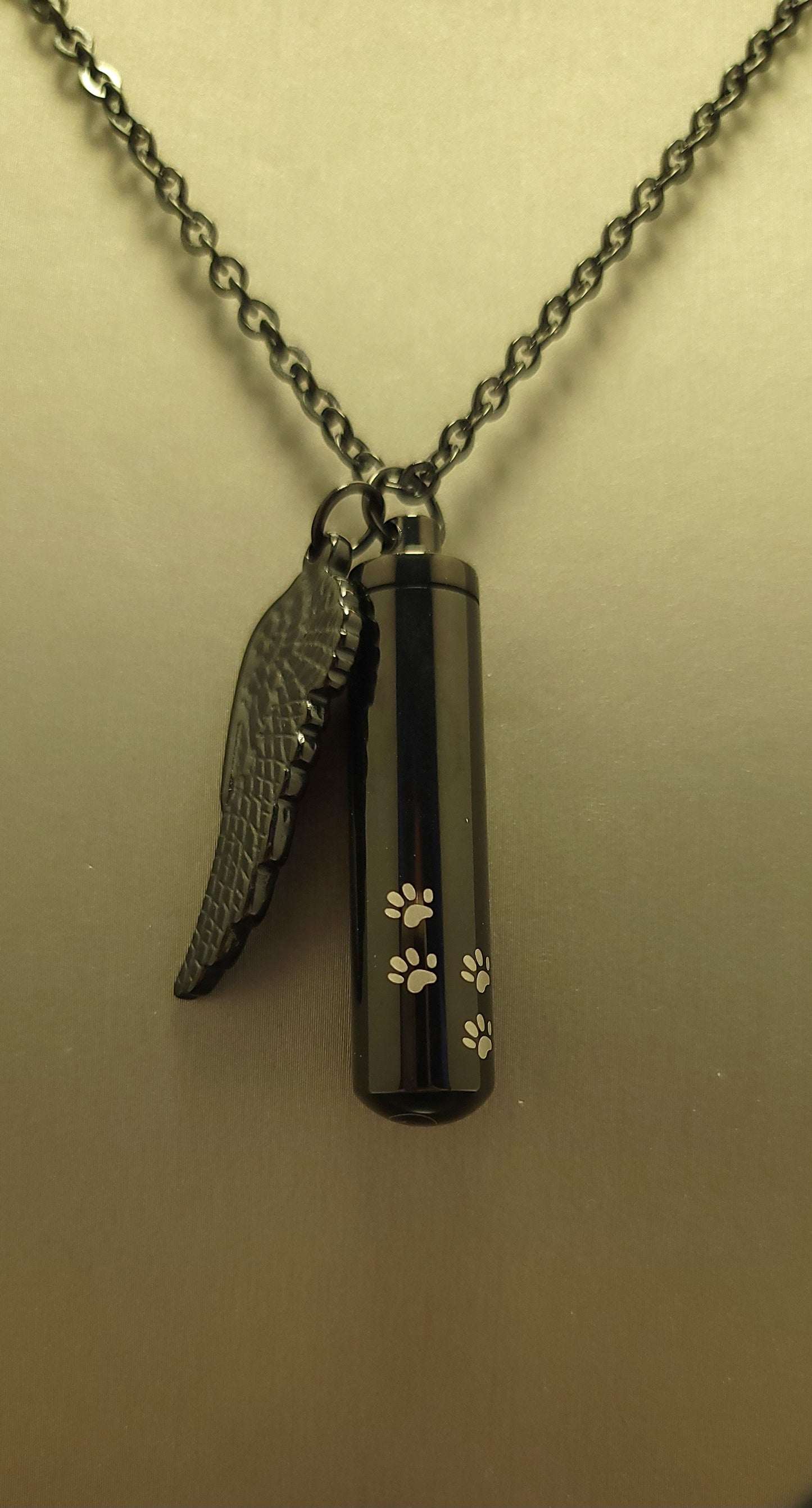 Large size Cylinder Style Cremation Urn Necklace for ashes with Paw Prints and Angel Wing charm