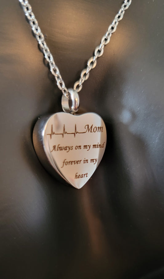 "Mom" Cremation Urn Heart Necklace for ashes with heartbeat