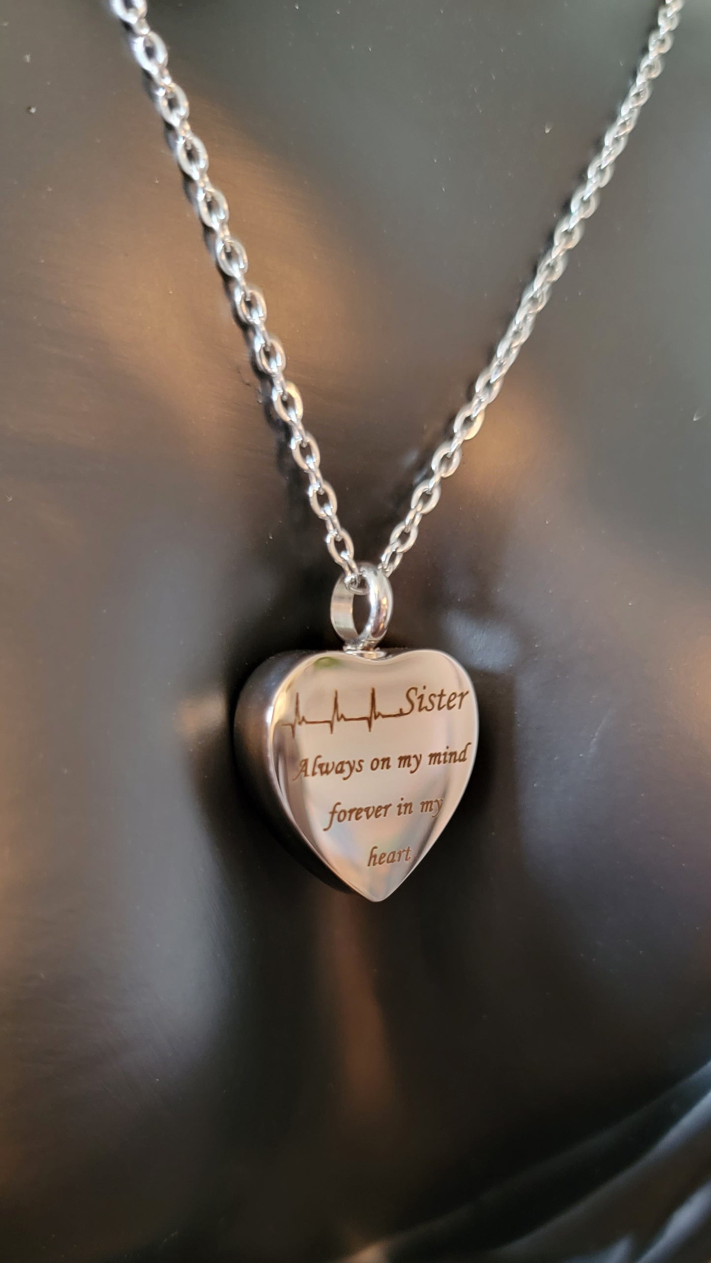 "Sister" Cremation Urn Heart Necklace for ashes with heartbeat