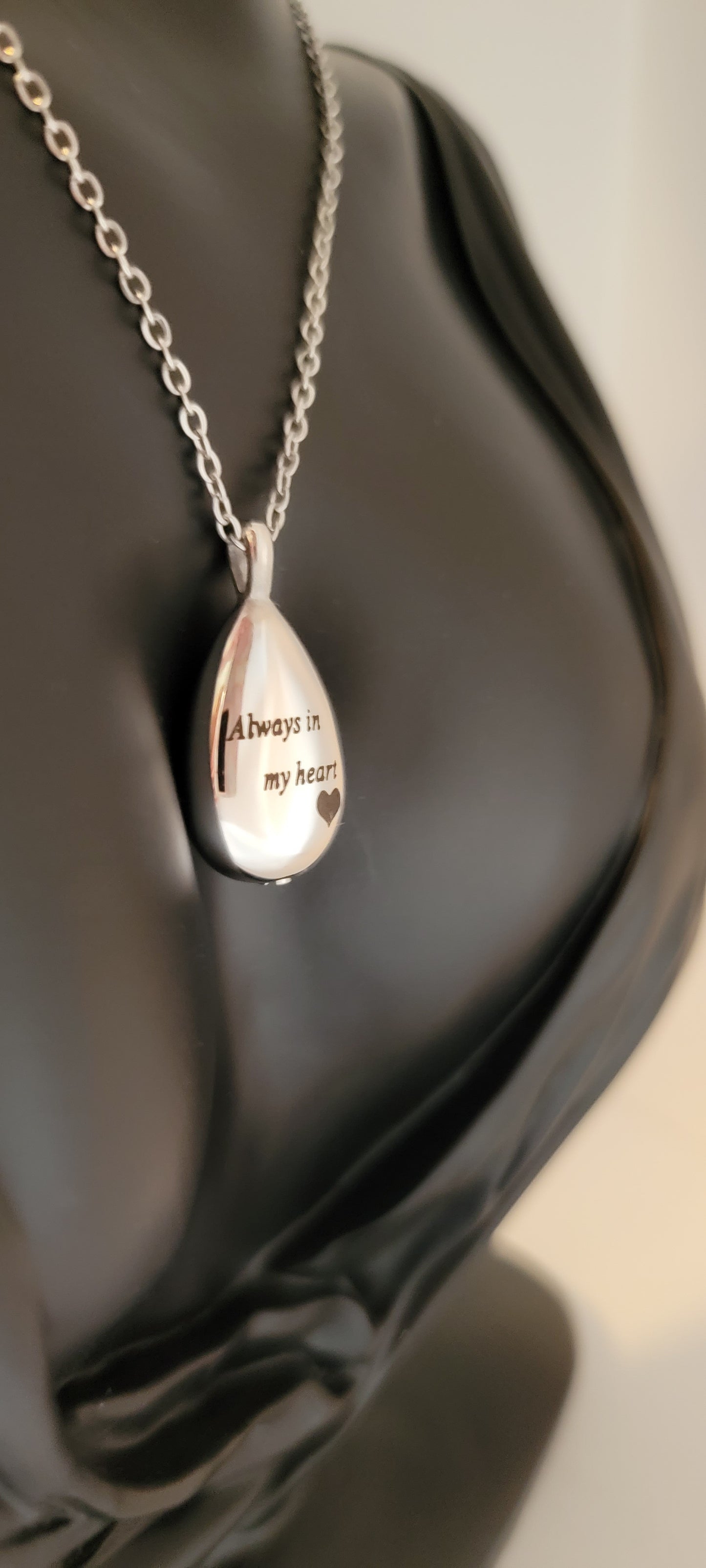 Tear Drop shape Cremation Urn Necklace for ashes "Always in my heart"