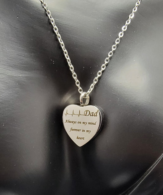 "Dad" Cremation Urn Necklace for ashes with heartbeat