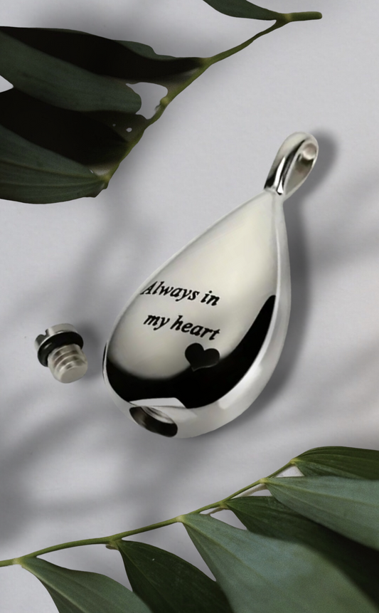 Tear Drop shape Cremation Urn Necklace for ashes "Always in my heart"