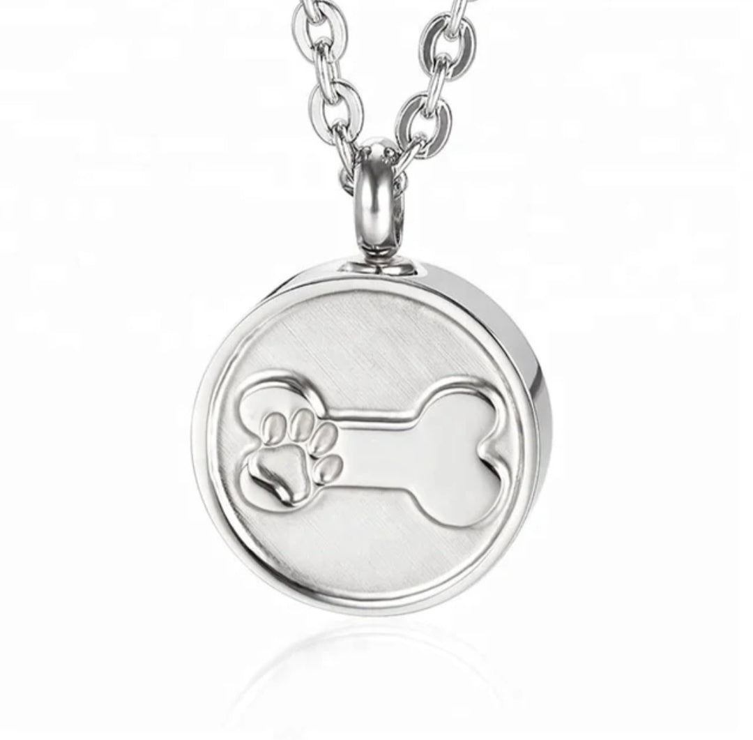 Dog Bone with Paw Print Cremation Urn Necklace for ashes