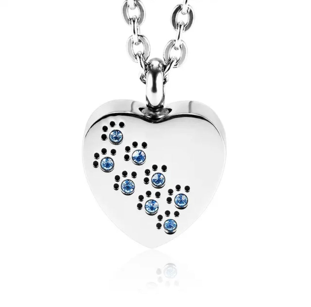 Paw Prints Cremation Urn Necklace for ashes with Blue Stones