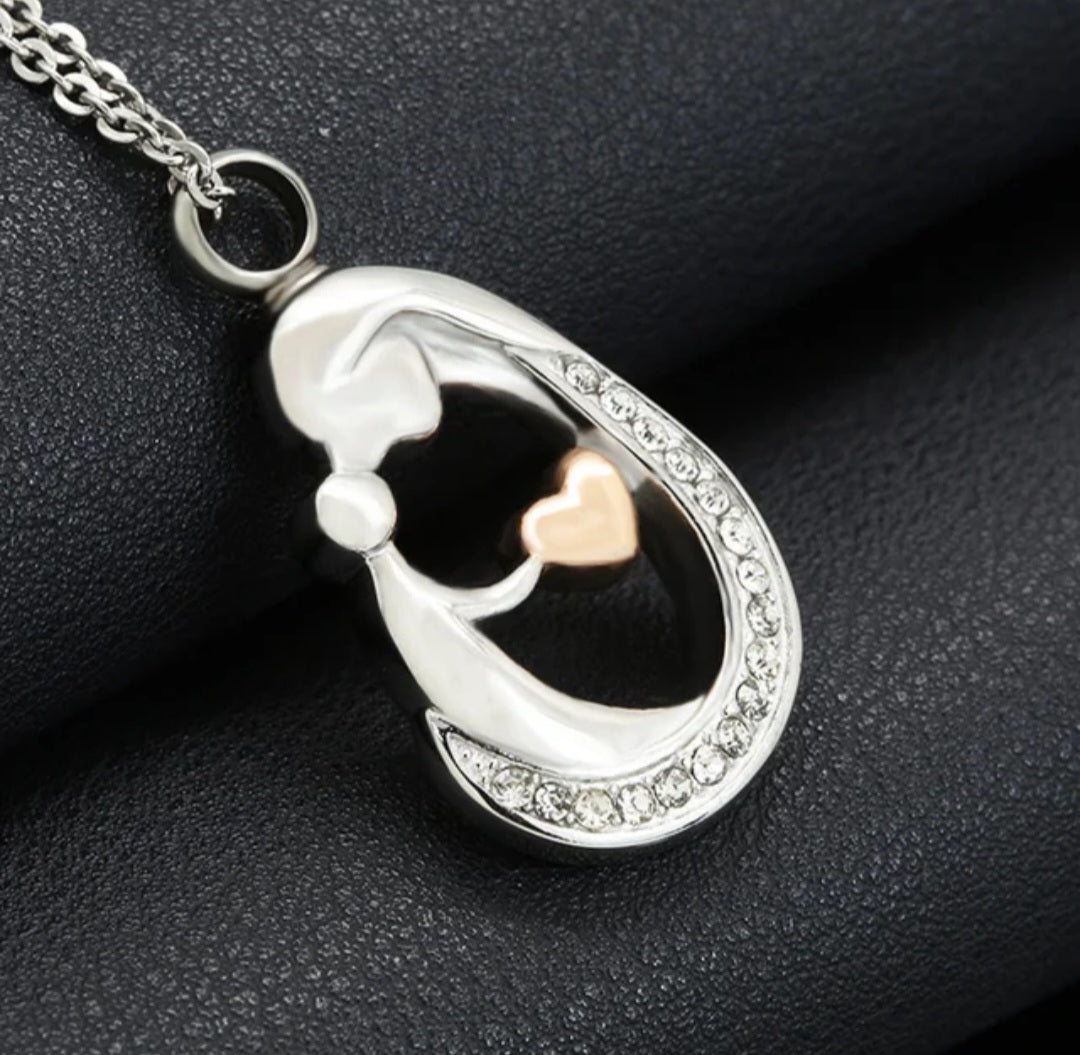 Mother and Child Cremation Urn Necklace for ashes with Cubic Zirconias