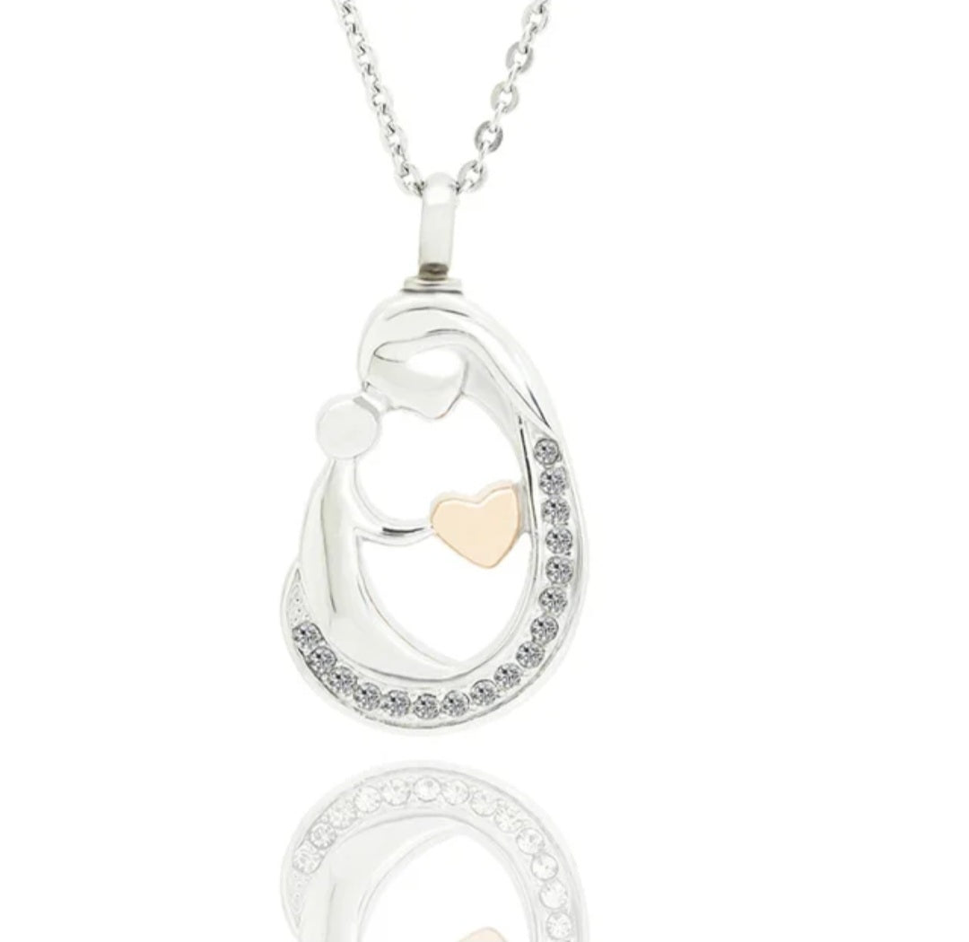 Mother and Child Cremation Urn Necklace for ashes with Cubic Zirconias